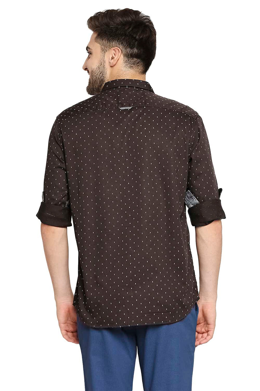 BASICS SLIM FIT FUDGE BROWN SATIN PRINTED SHIRT