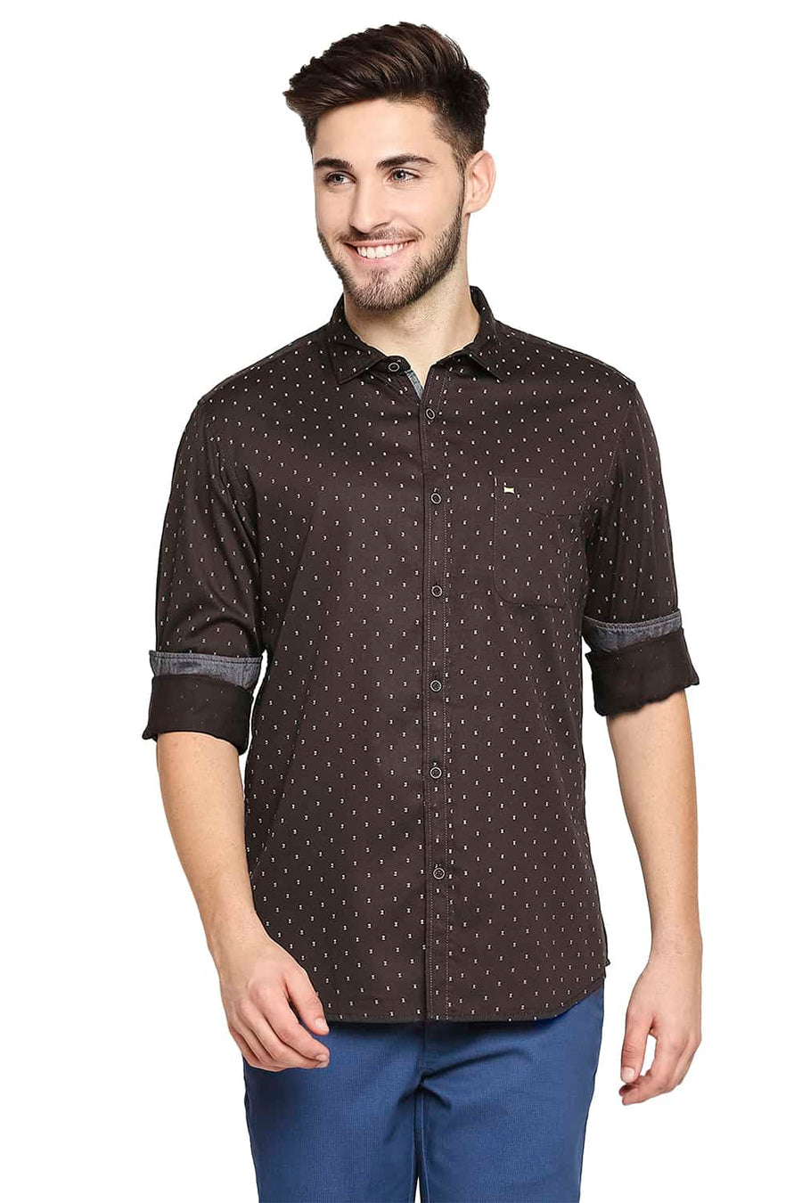BASICS SLIM FIT FUDGE BROWN SATIN PRINTED SHIRT