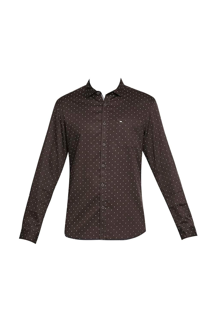 BASICS SLIM FIT FUDGE BROWN SATIN PRINTED SHIRT