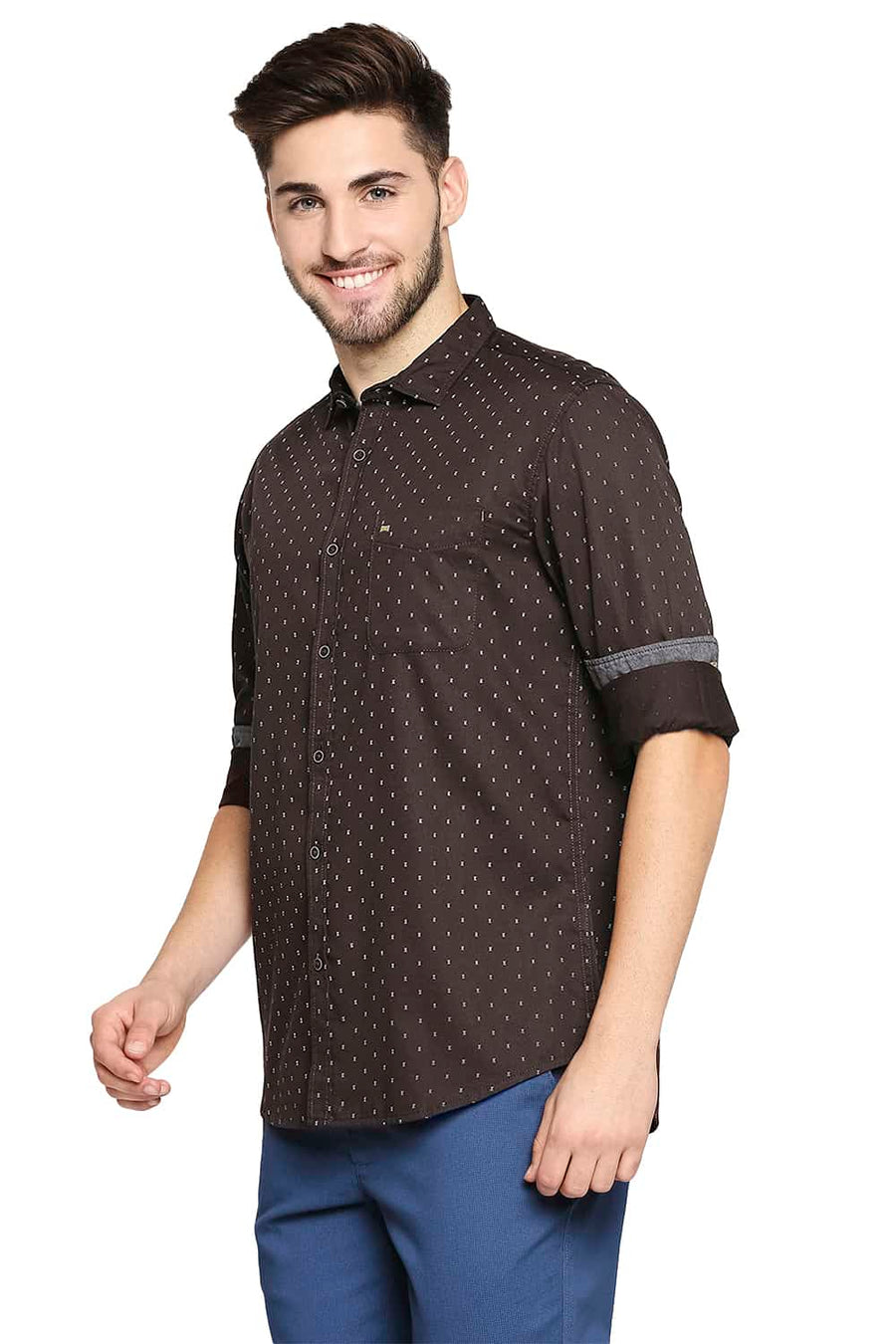 BASICS SLIM FIT FUDGE BROWN SATIN PRINTED SHIRT