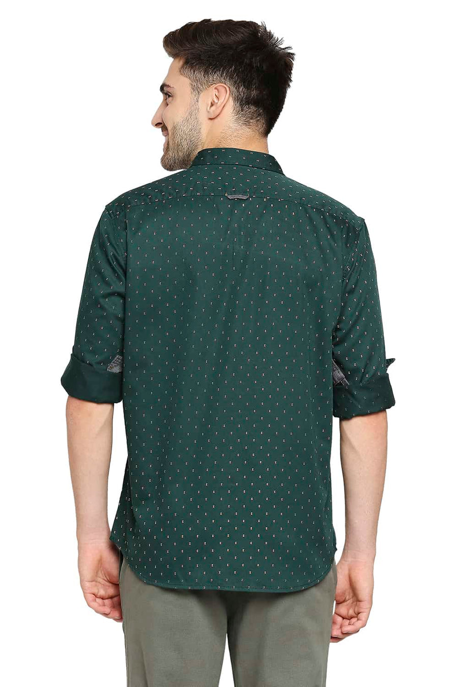 BASICS SLIM FIT PINE GREEN SATIN PRINTED SHIRT