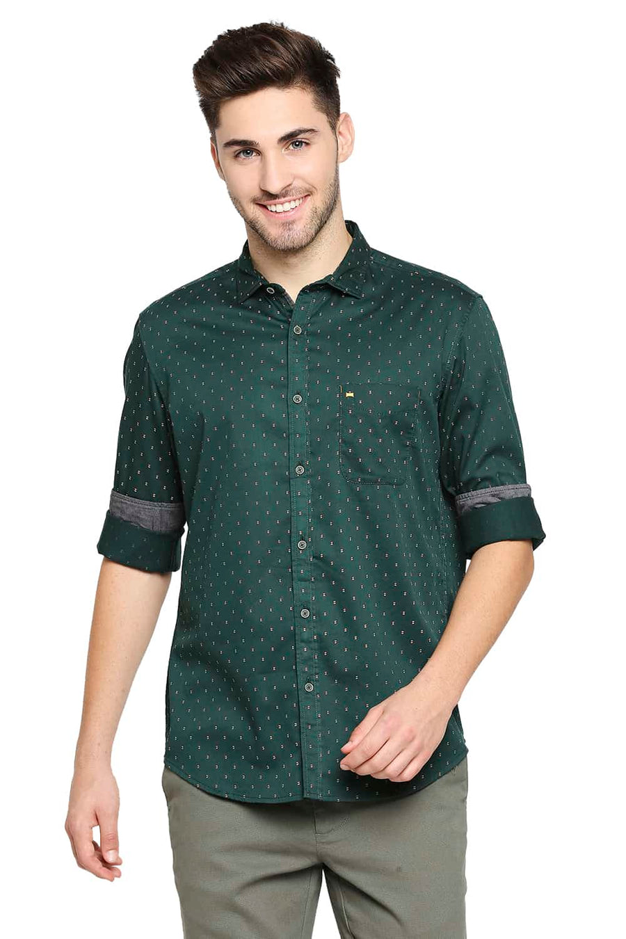 BASICS SLIM FIT PINE GREEN SATIN PRINTED SHIRT
