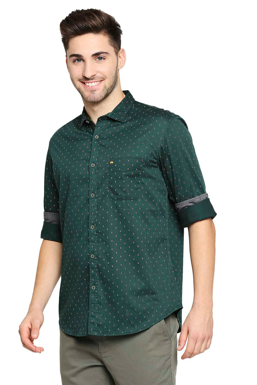 BASICS SLIM FIT PINE GREEN SATIN PRINTED SHIRT
