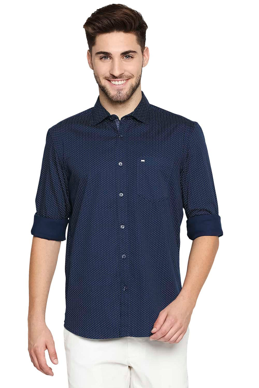 BASICS SLIM FIT MAJOLICA NAVY PRINTED STRETCH SHIRT