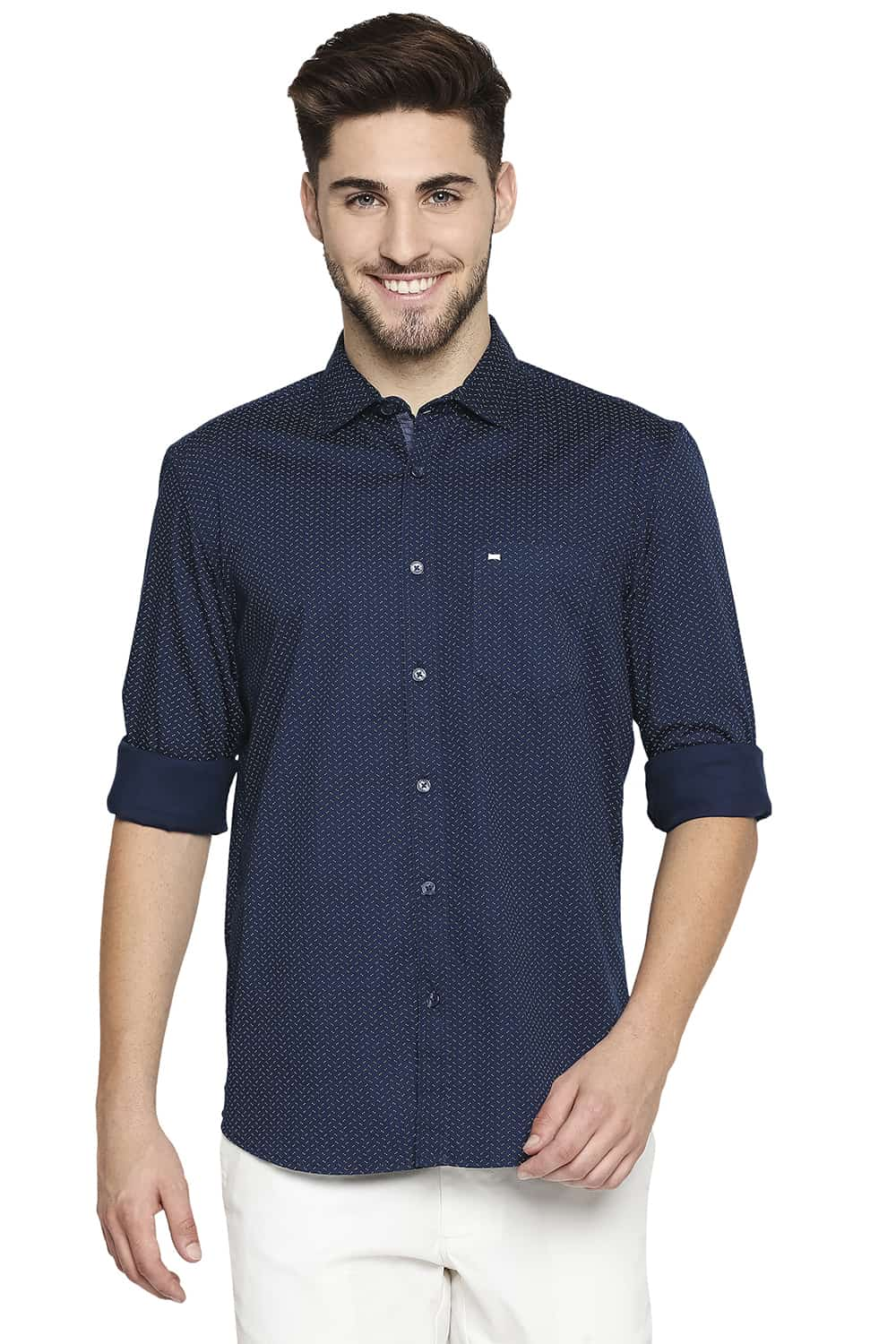 BASICS SLIM FIT PRINTED STRETCH SHIRT