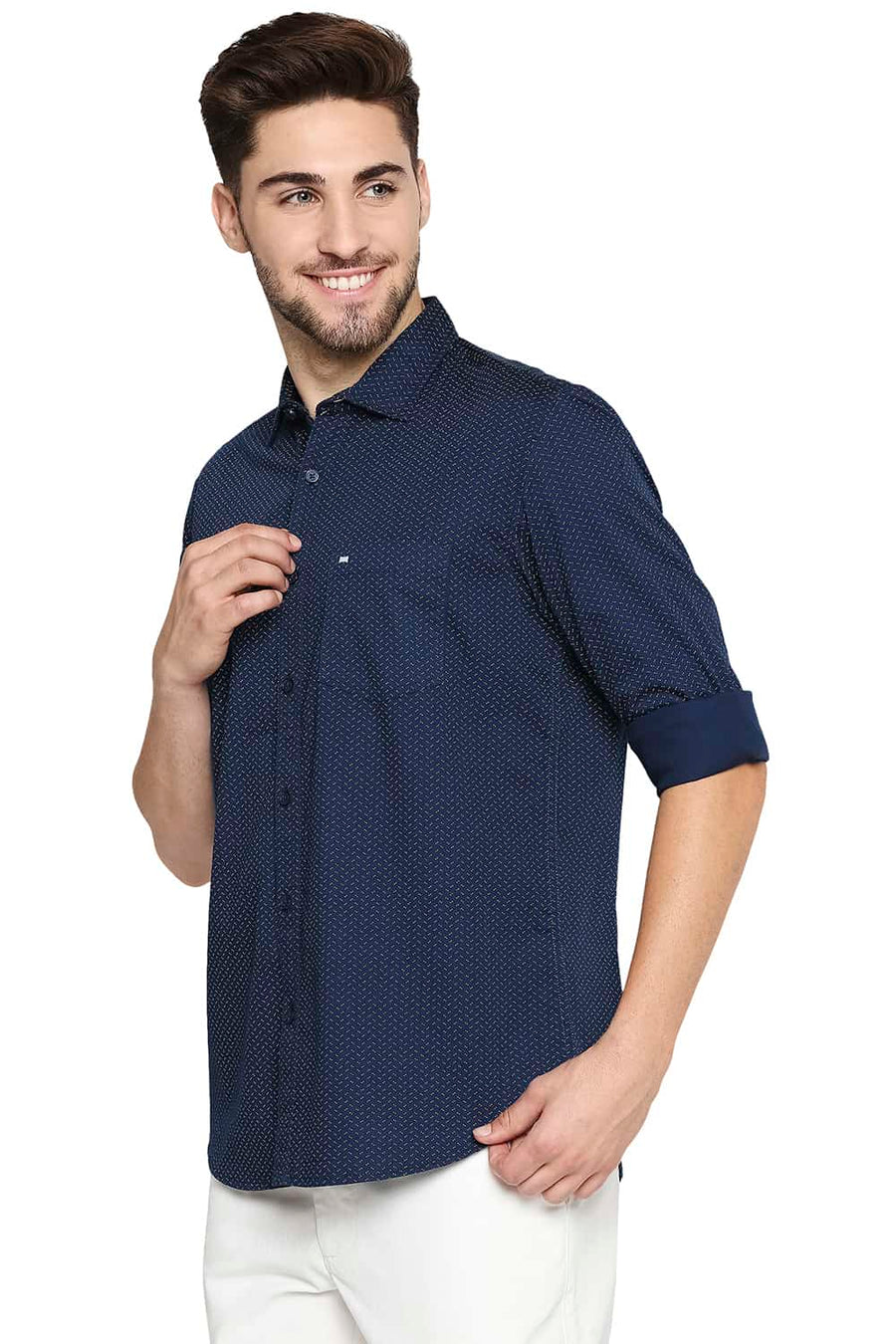 BASICS SLIM FIT MAJOLICA NAVY PRINTED STRETCH SHIRT
