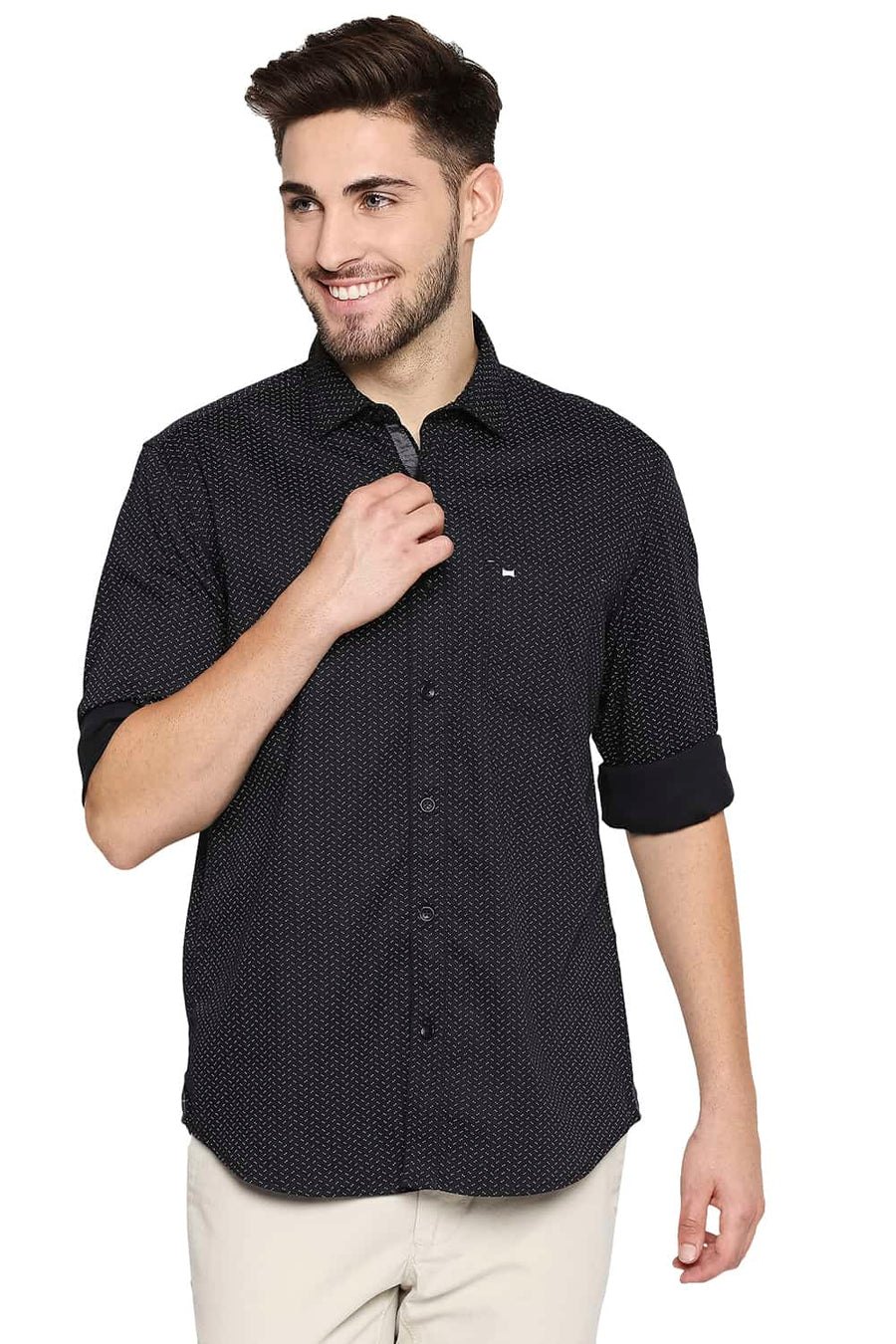 BASICS SLIM FIT MOONLESS BLACK PRINTED STRETCH SHIRT