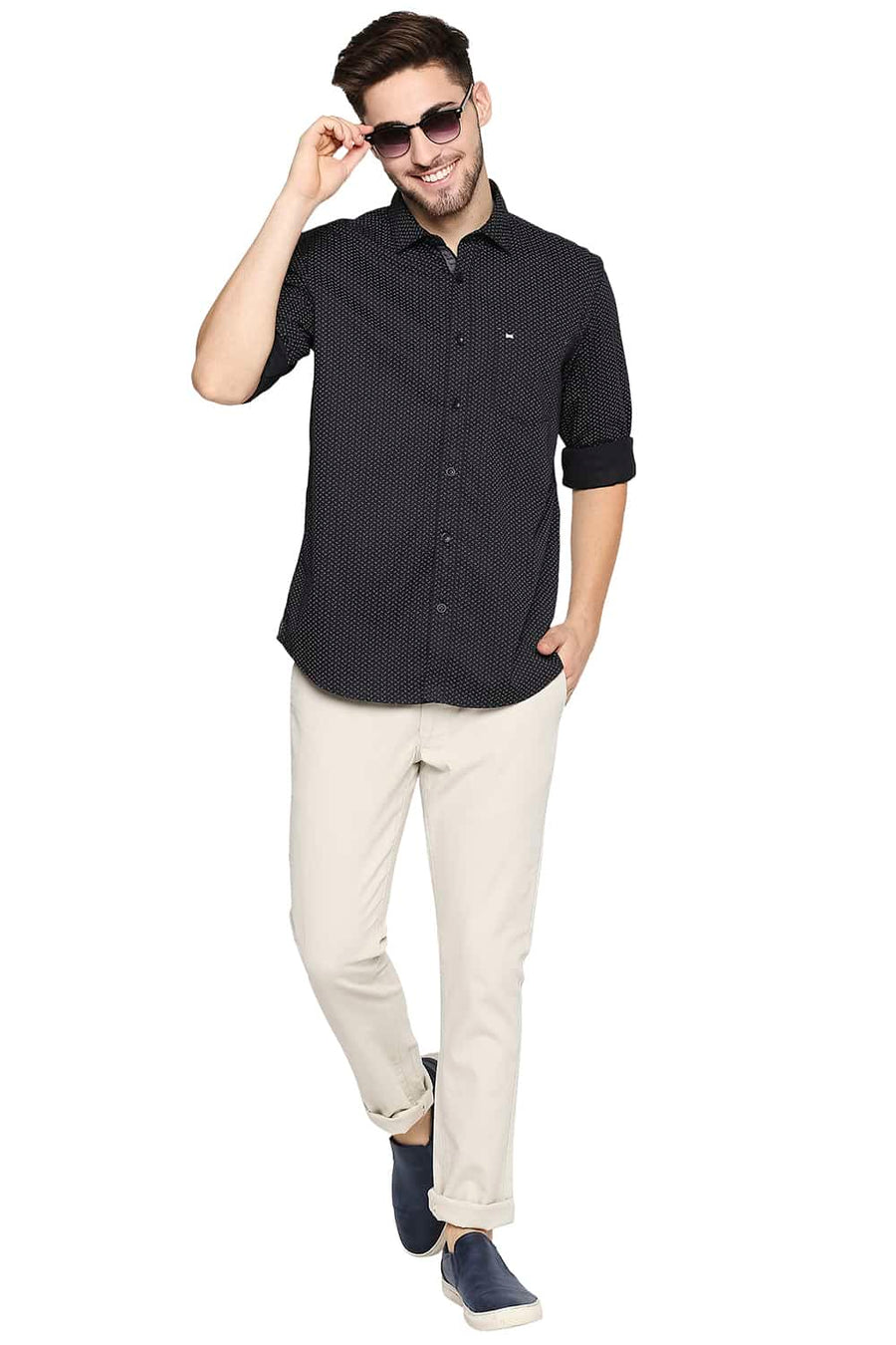 BASICS SLIM FIT MOONLESS BLACK PRINTED STRETCH SHIRT