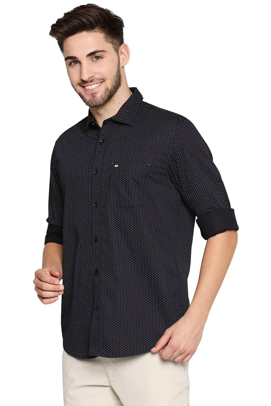 BASICS SLIM FIT MOONLESS BLACK PRINTED STRETCH SHIRT
