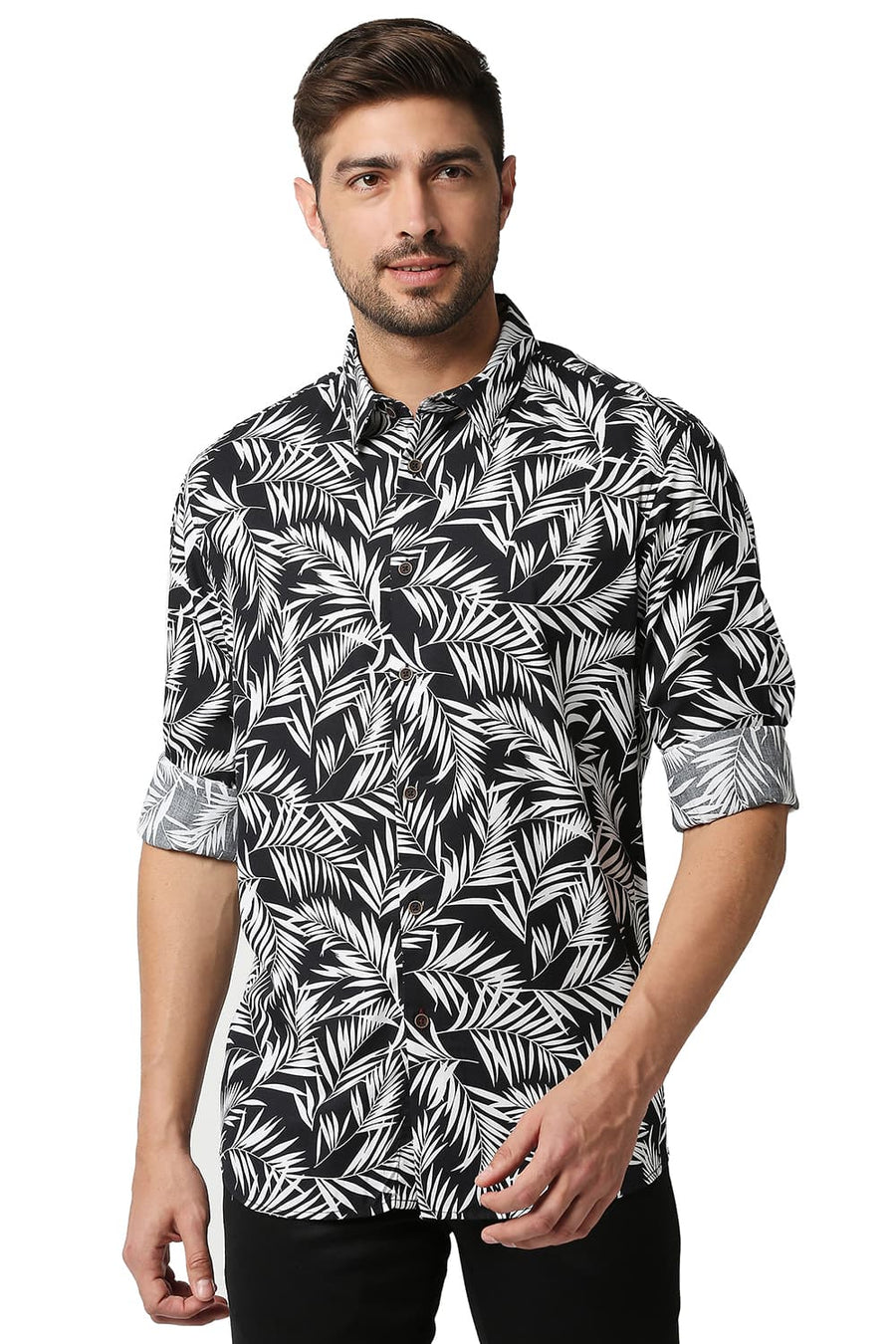 BASICS SLIM FIT ANTHRACITE BLACK PRINTED SHIRT