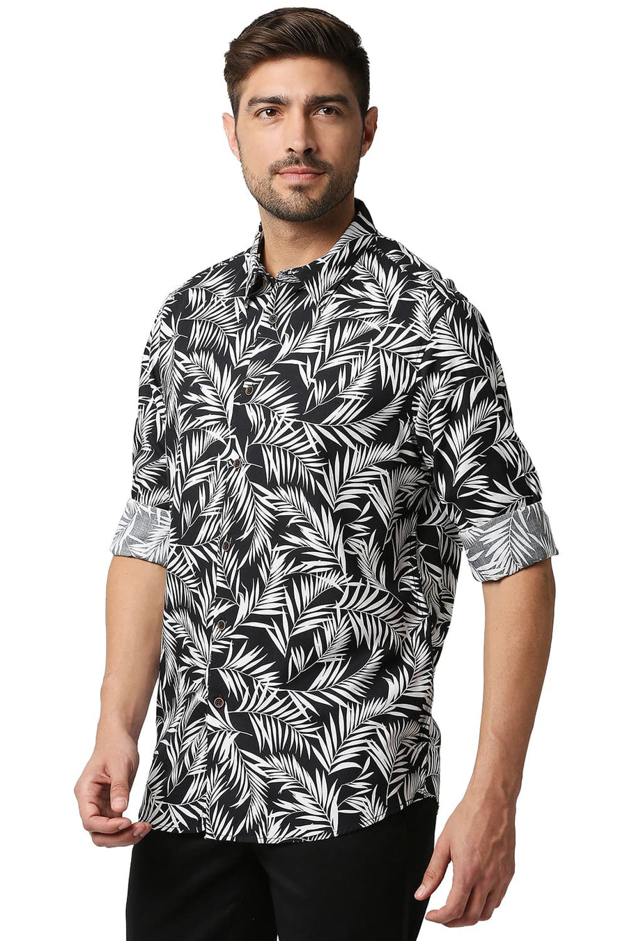 BASICS SLIM FIT ANTHRACITE BLACK PRINTED SHIRT