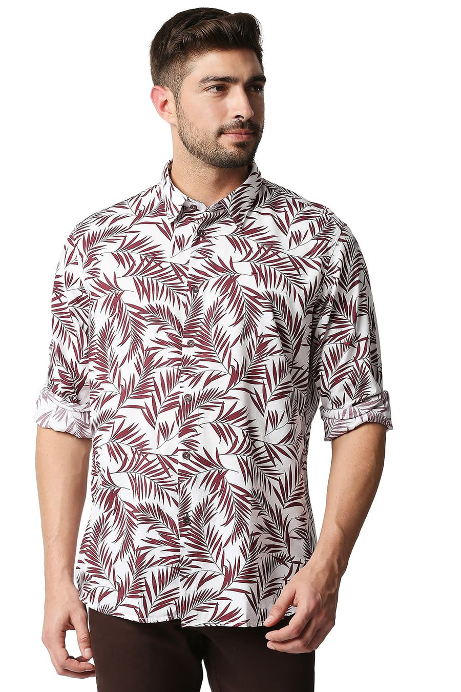 BASICS SLIM FIT TAWNY MAROON PRINTED SHIRT