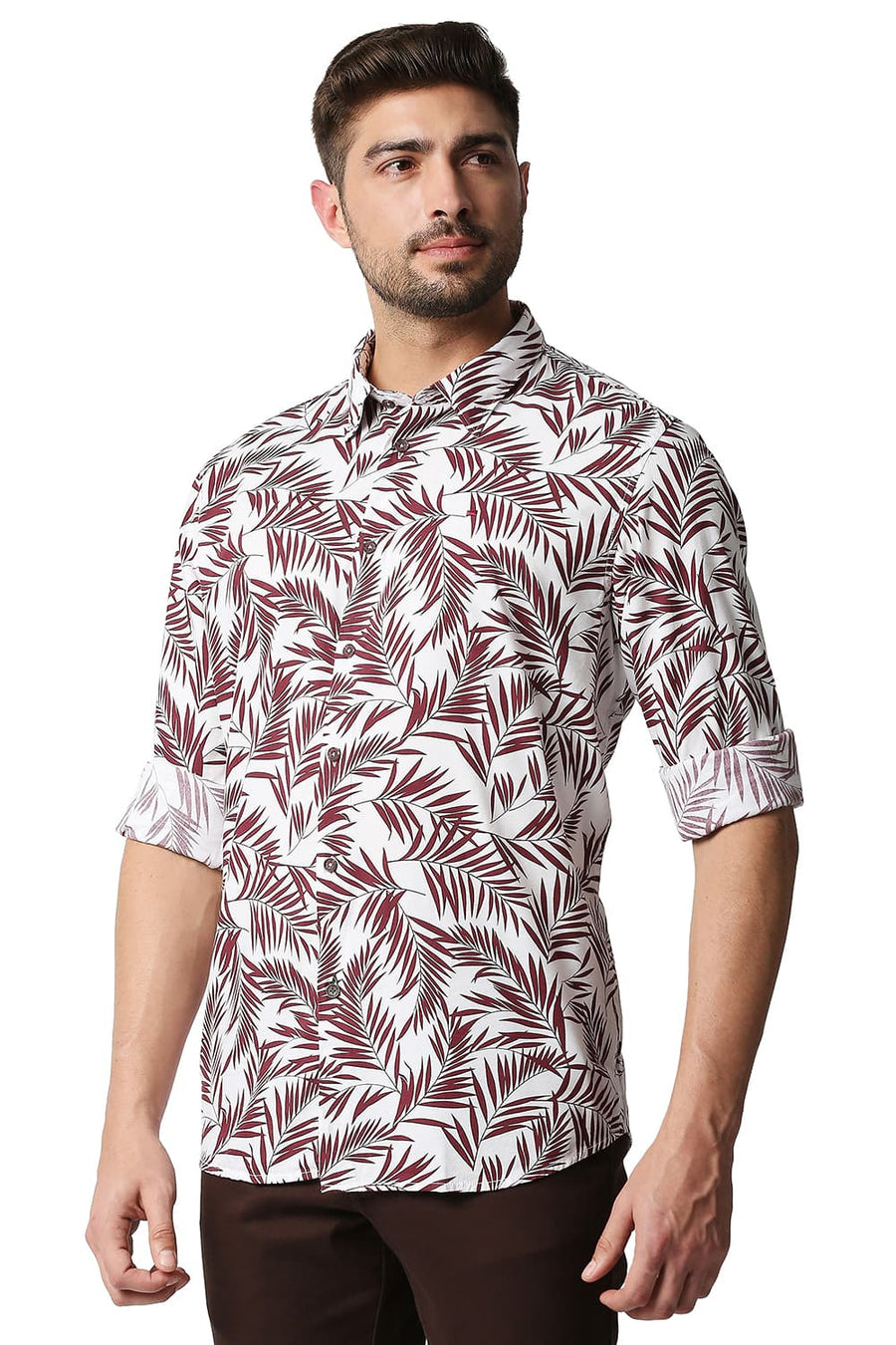 BASICS SLIM FIT TAWNY MAROON PRINTED SHIRT