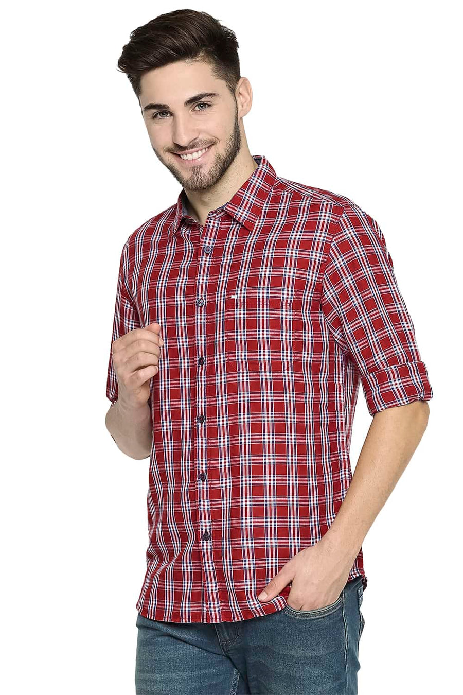 BASICS SLIM FIT MARS RED CHECKS SHIRT