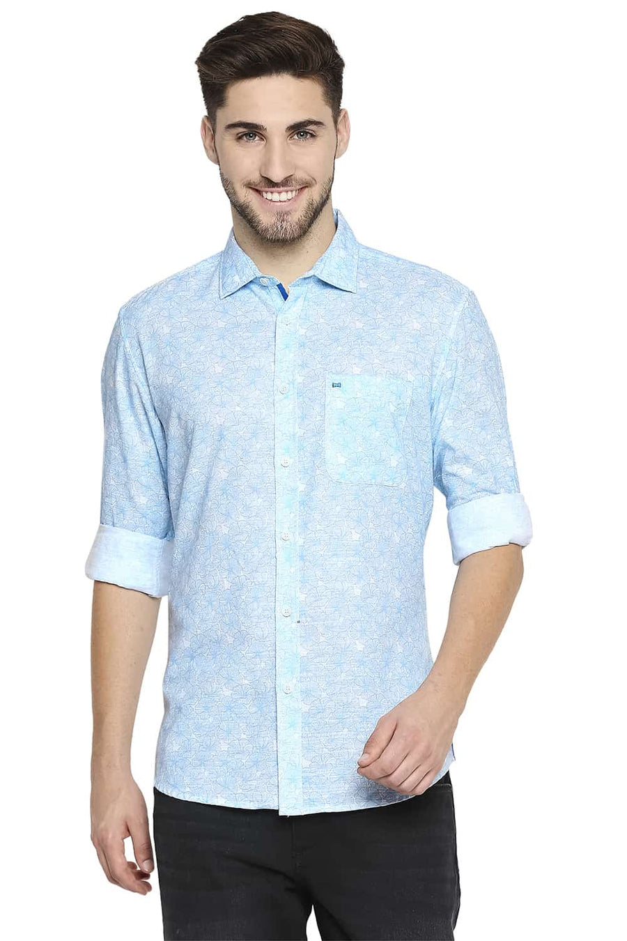 BASICS SLIM FIT GROTTO BLUE PRINTED SHIRT