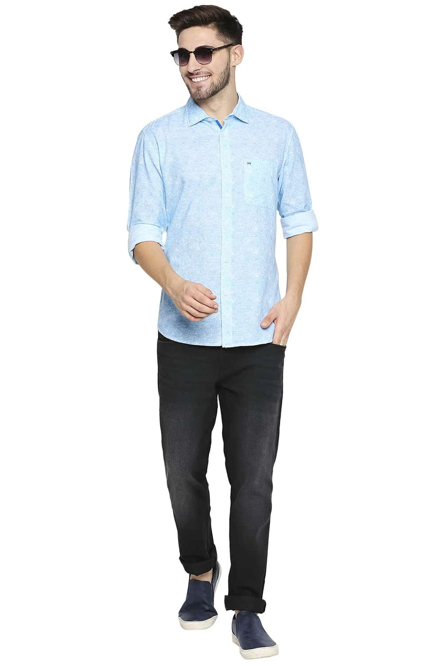 BASICS SLIM FIT GROTTO BLUE PRINTED SHIRT
