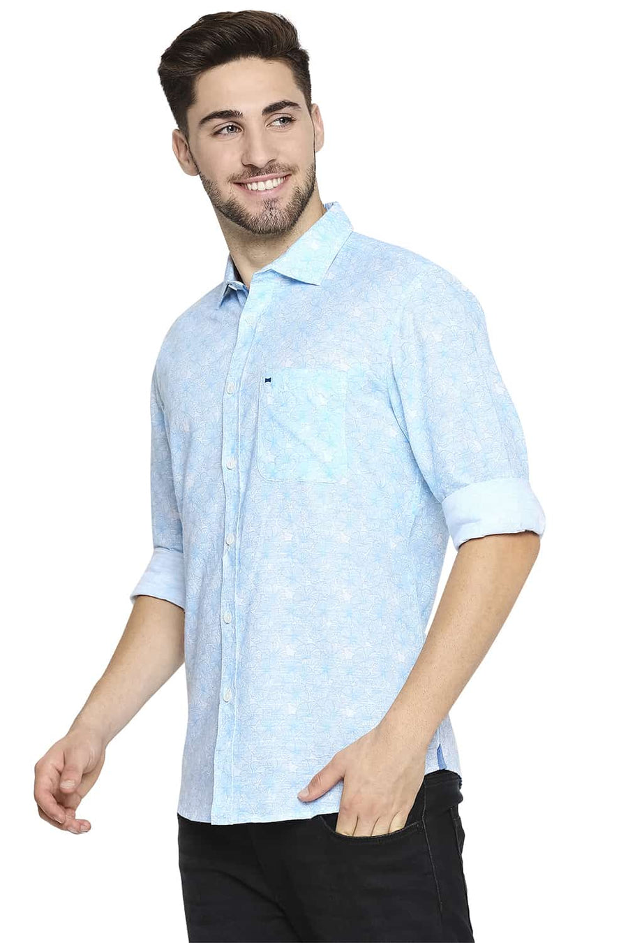 BASICS SLIM FIT GROTTO BLUE PRINTED SHIRT