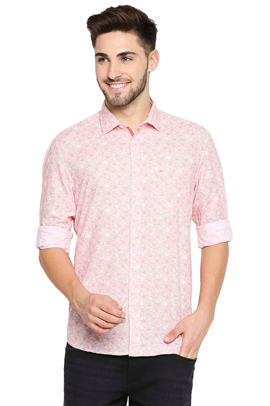 BASICS SLIM FIT LOBSTER PINK PRINTED SHIRT