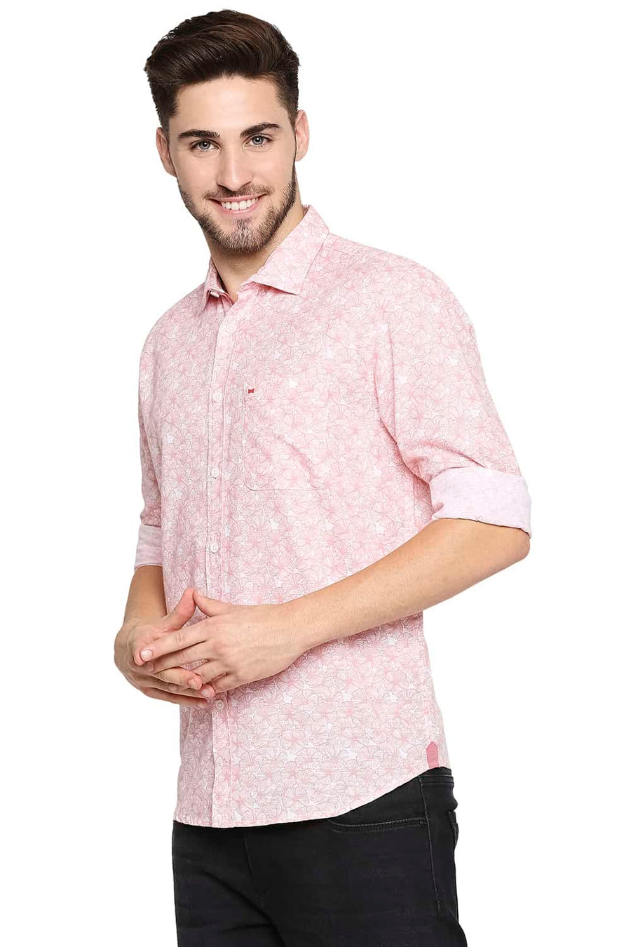 BASICS SLIM FIT LOBSTER PINK PRINTED SHIRT