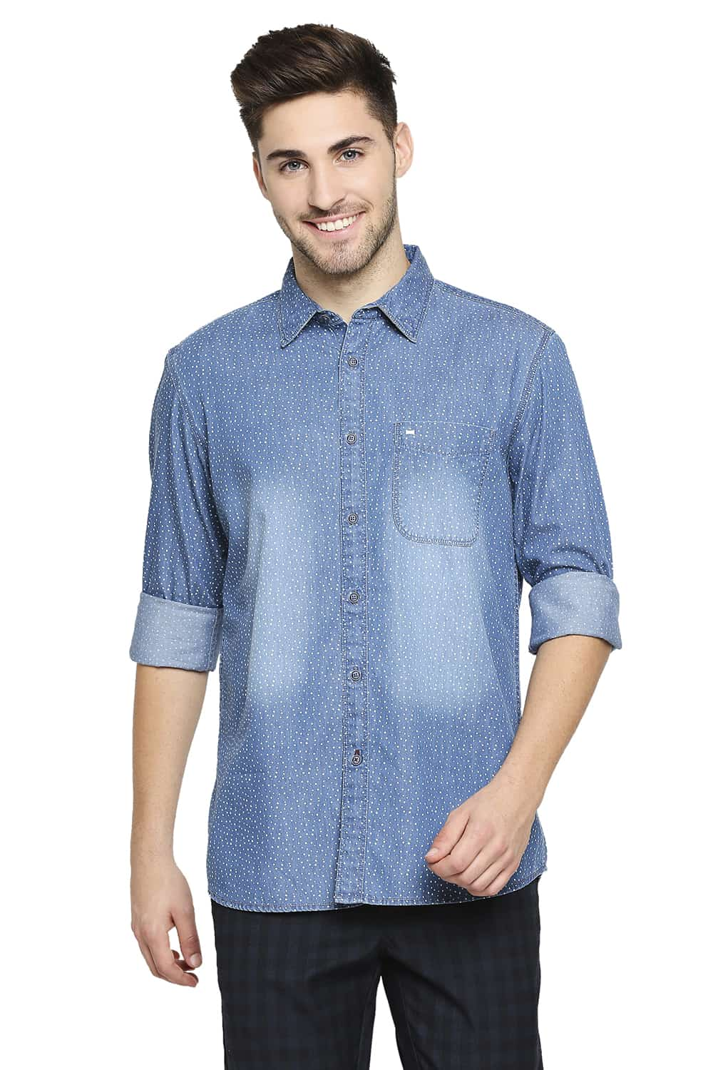 BASICS SLIM FIT INDIGO PRINTED SHIRT