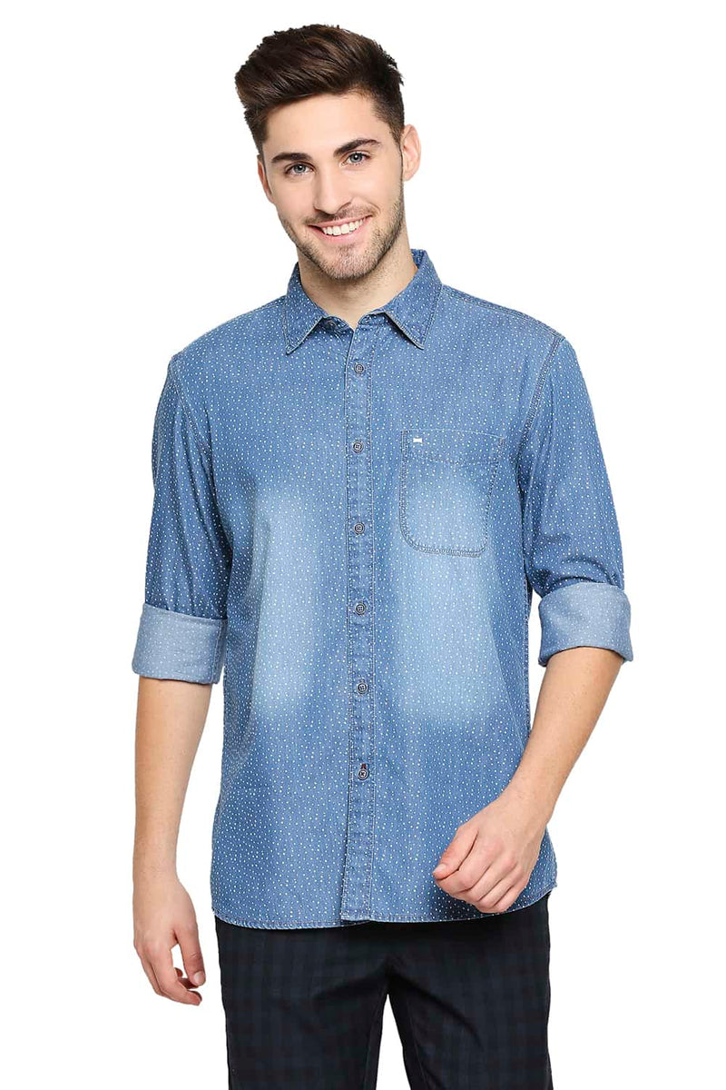 BASICS SLIM FIT INDIGO PRINTED SHIRT