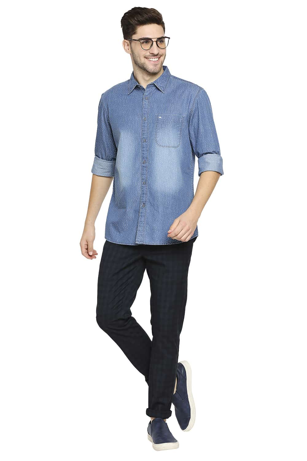 BASICS SLIM FIT INDIGO PRINTED SHIRT