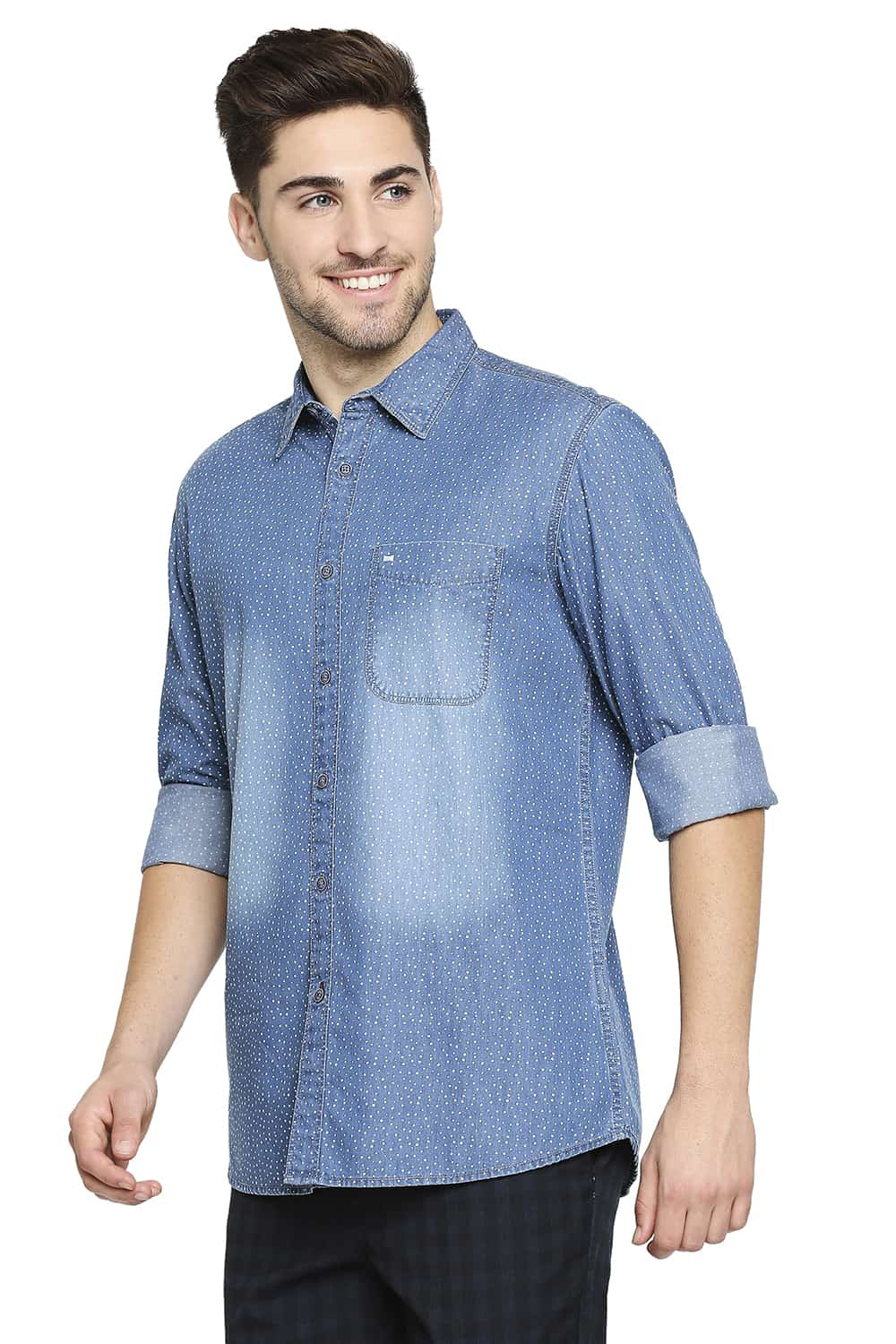 BASICS SLIM FIT INDIGO PRINTED SHIRT