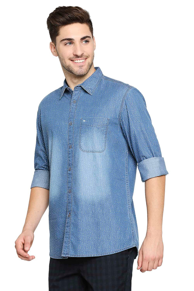 BASICS SLIM FIT INDIGO PRINTED SHIRT