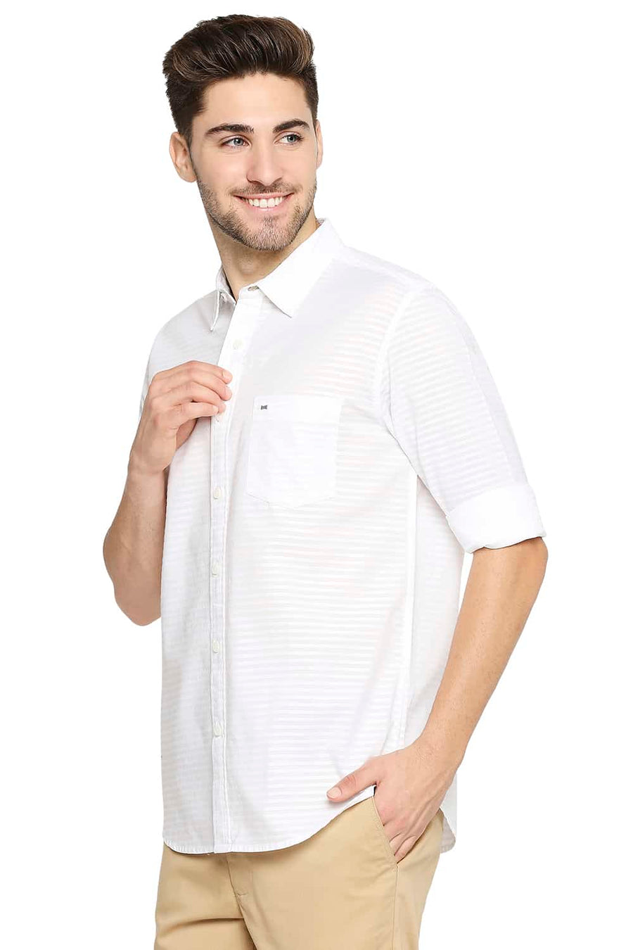 BASICS SLIM FIT BRIGHT WHITE DOBBY SHIRT