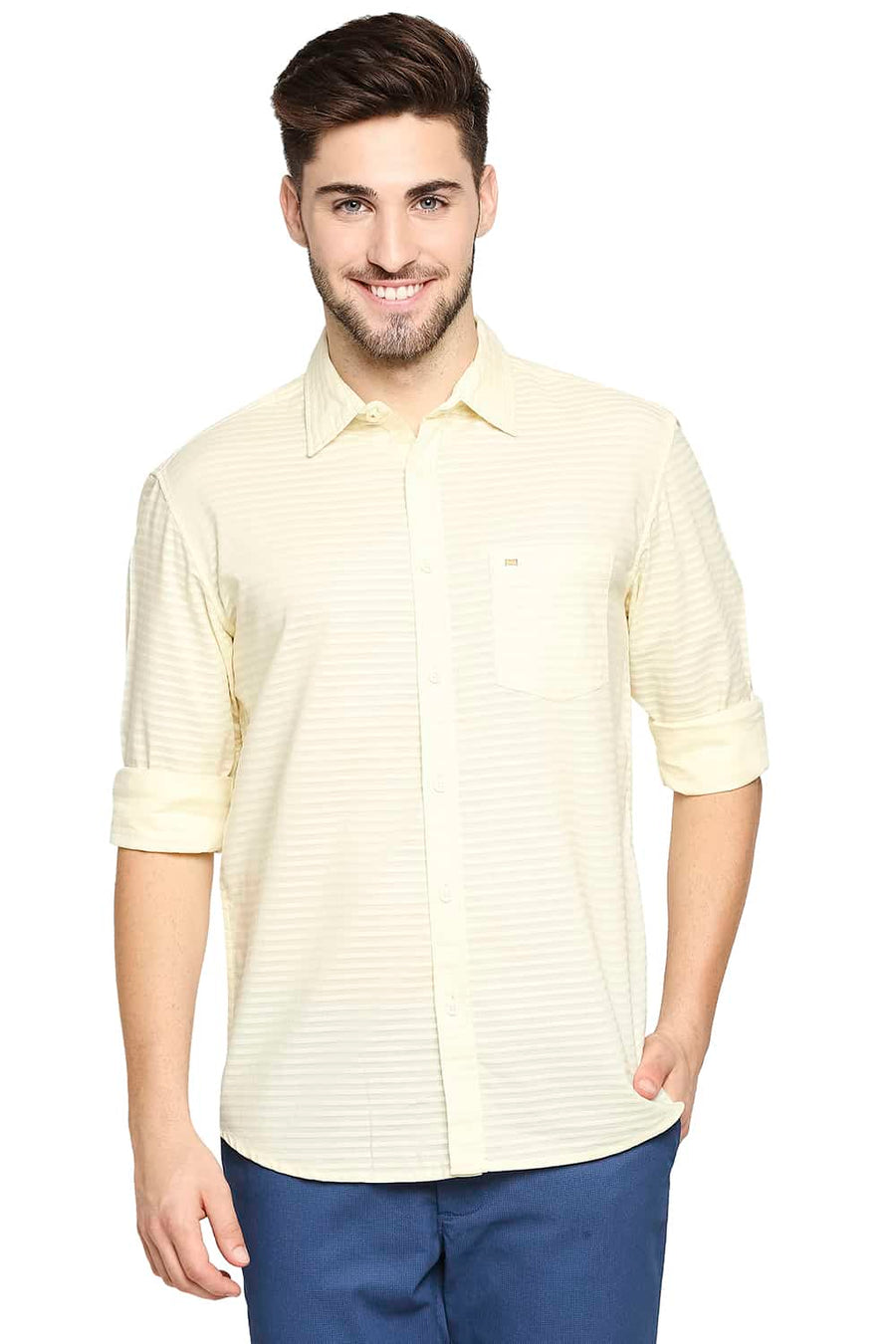 BASICS SLIM FIT TRANSPARENT YELLOW DOBBY SHIRT