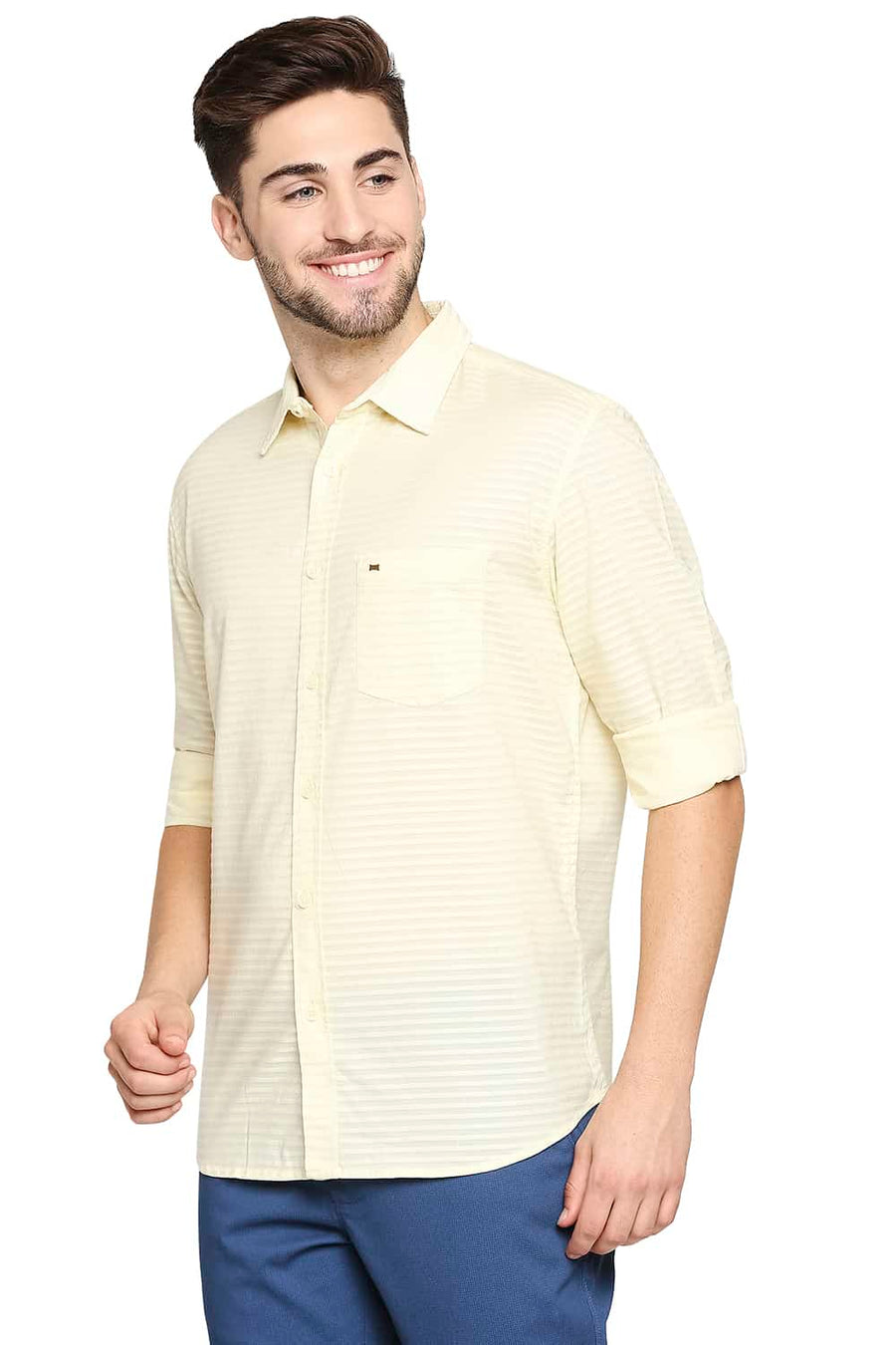 BASICS SLIM FIT TRANSPARENT YELLOW DOBBY SHIRT