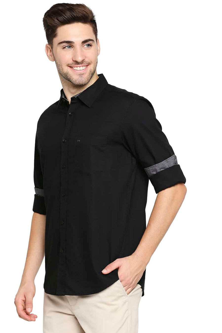 BASICS SLIM FIT LIMO BLACK CREPE SHIRT