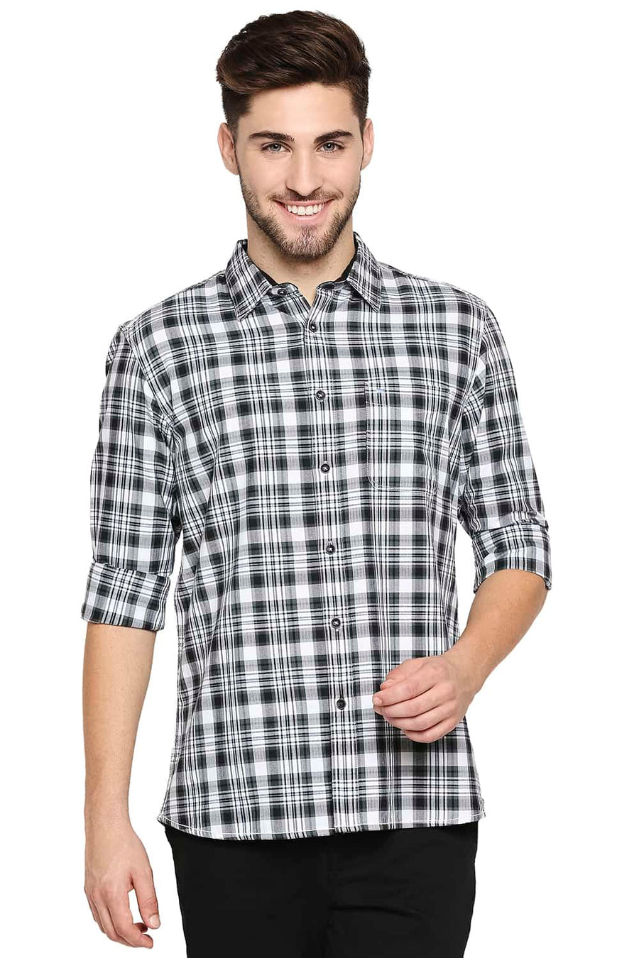 BASICS SLIM FIT GUN GREY TWILL CHECKS SHIRT