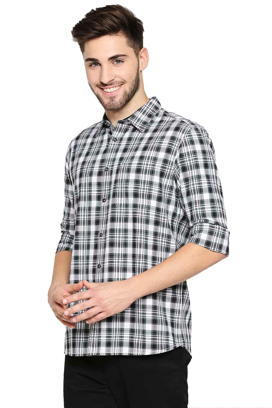 BASICS SLIM FIT GUN GREY TWILL CHECKS SHIRT