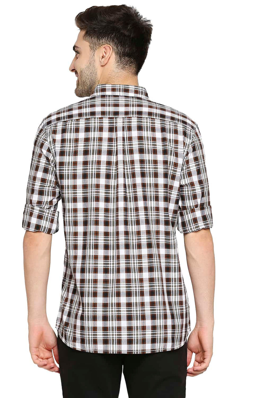 BASICS SLIM FIT MONKS BROWN TWILL CHECKS SHIRT