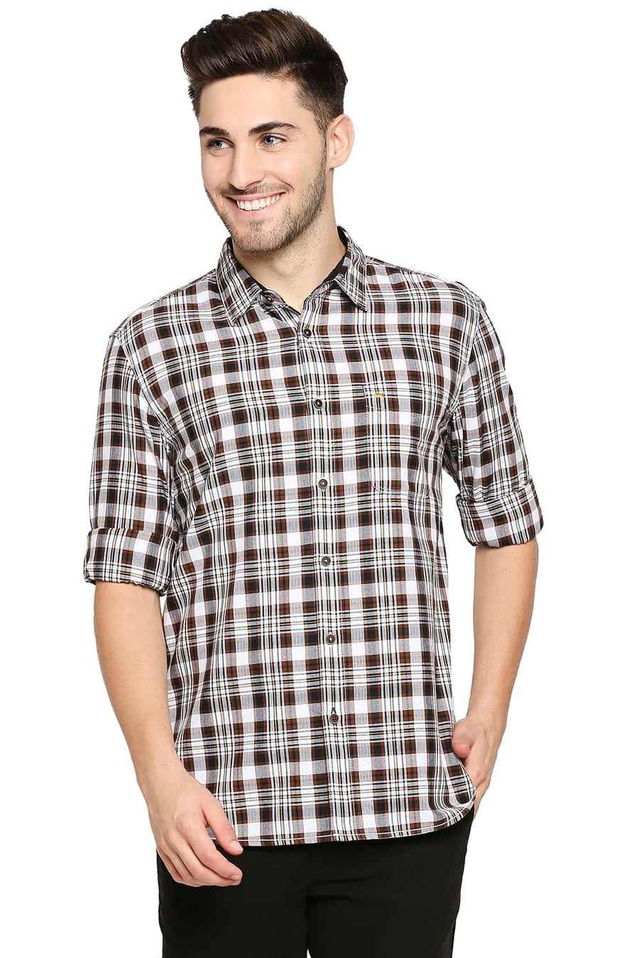 BASICS SLIM FIT MONKS BROWN TWILL CHECKS SHIRT
