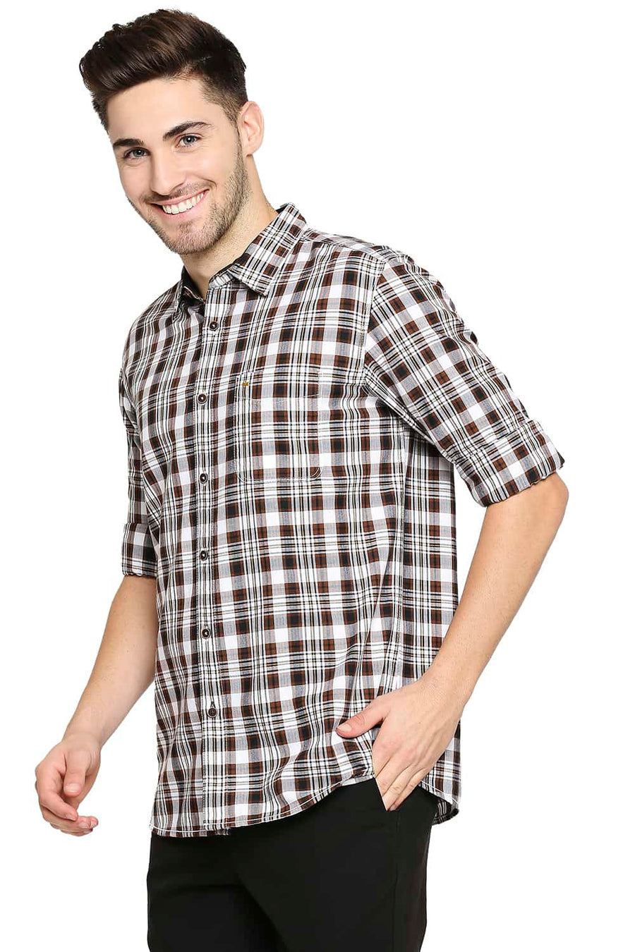 BASICS SLIM FIT MONKS BROWN TWILL CHECKS SHIRT