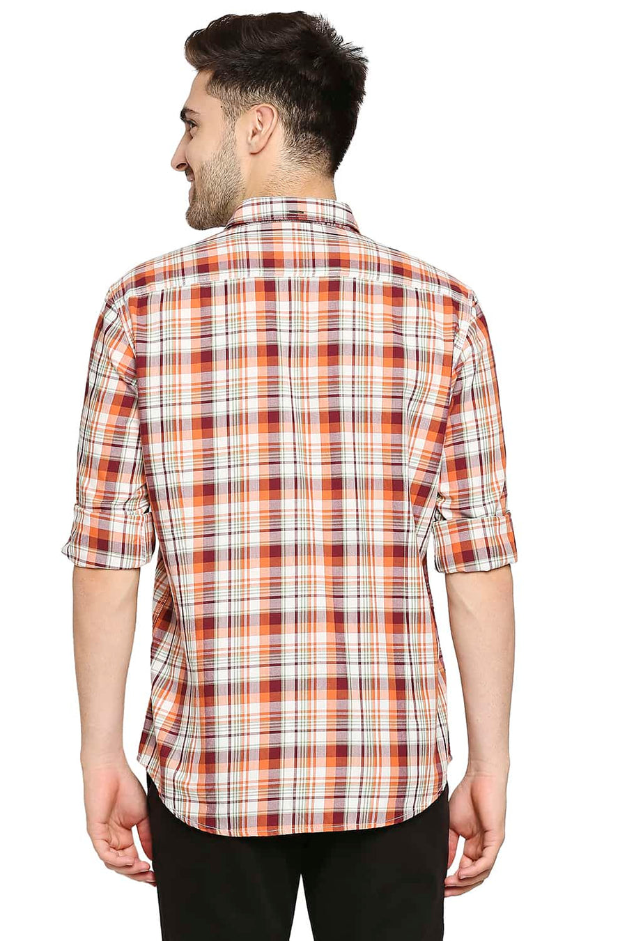 BASICS SLIM FIT OCHRE ORANGE TWILL CHECKS SHIRT