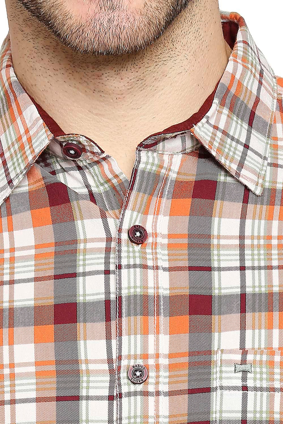 BASICS SLIM FIT OCHRE ORANGE TWILL CHECKS SHIRT