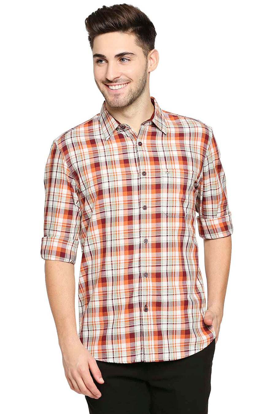 BASICS SLIM FIT OCHRE ORANGE TWILL CHECKS SHIRT