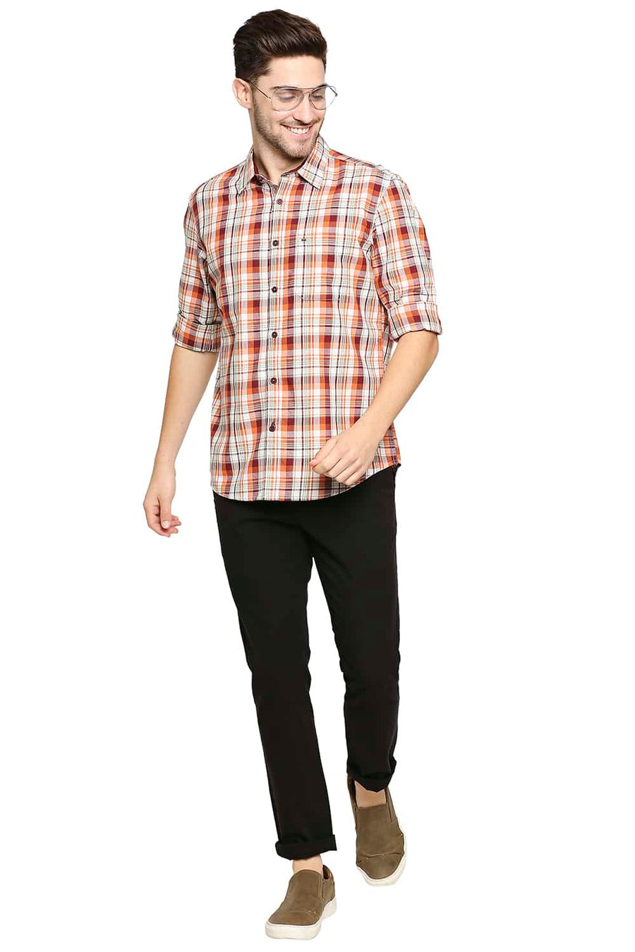 BASICS SLIM FIT OCHRE ORANGE TWILL CHECKS SHIRT