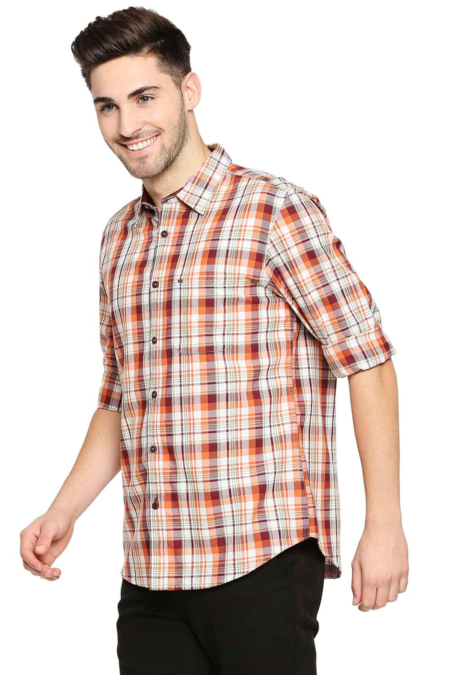 BASICS SLIM FIT OCHRE ORANGE TWILL CHECKS SHIRT