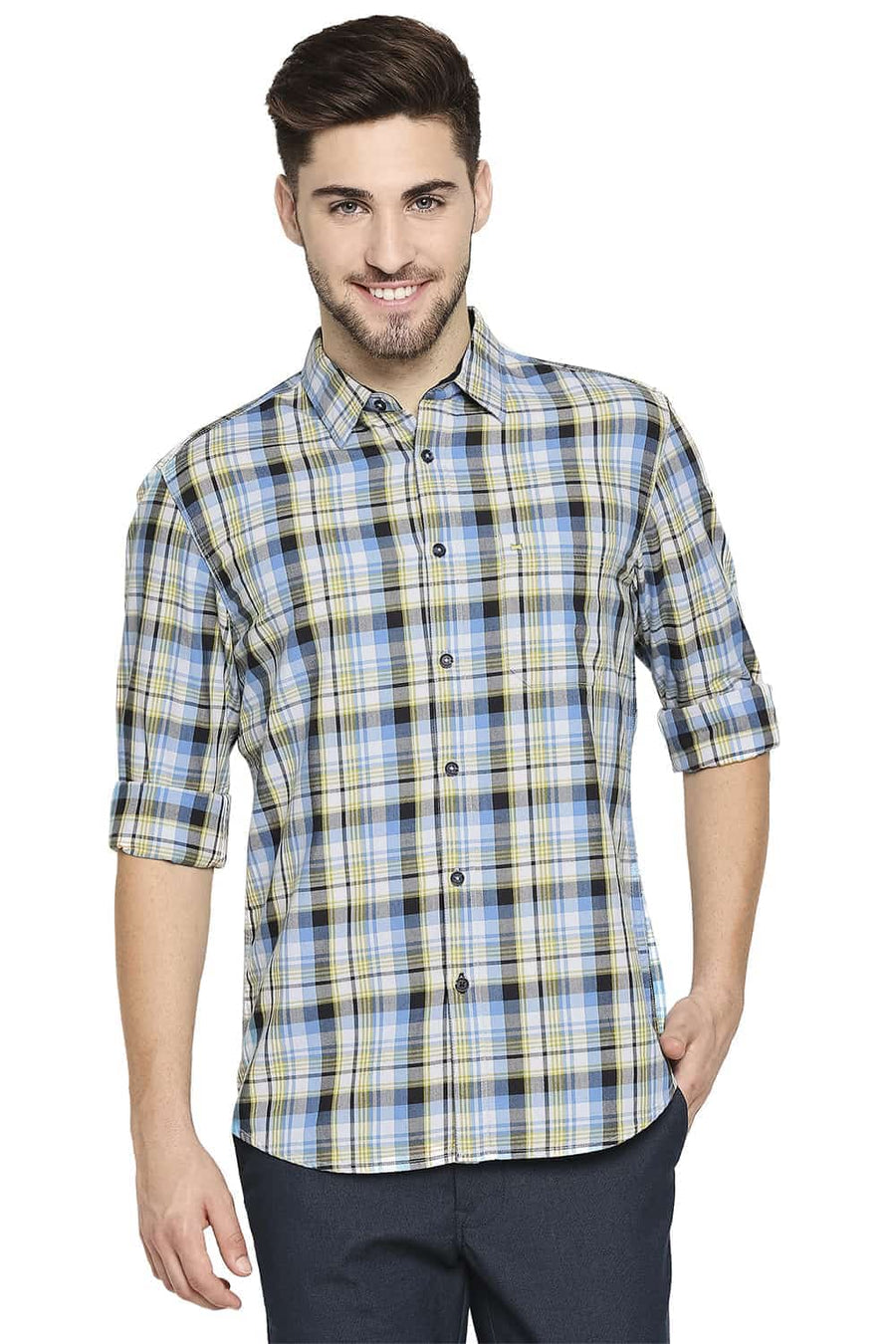 BASICS SLIM FIT HORIZON BLUE TWILL CHECKS SHIRT