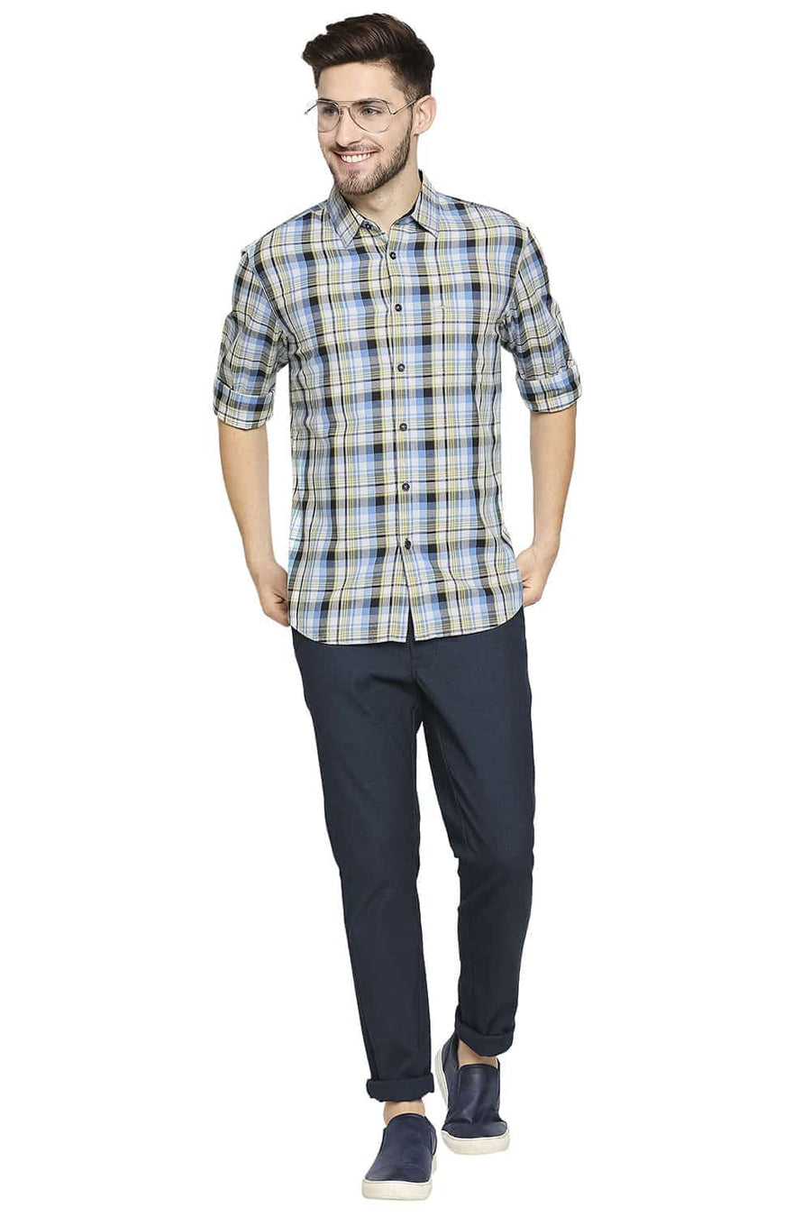 BASICS SLIM FIT HORIZON BLUE TWILL CHECKS SHIRT