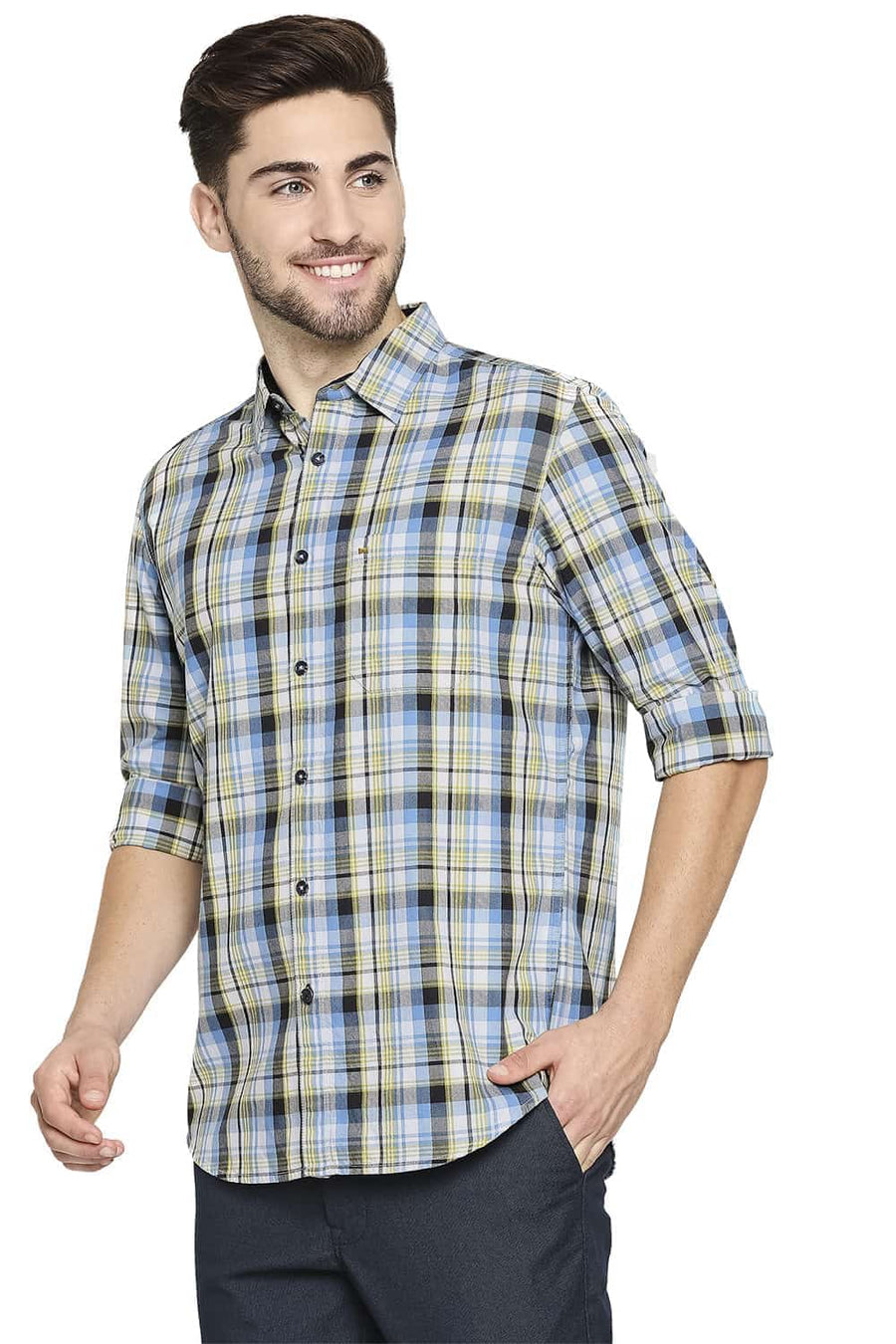 BASICS SLIM FIT HORIZON BLUE TWILL CHECKS SHIRT
