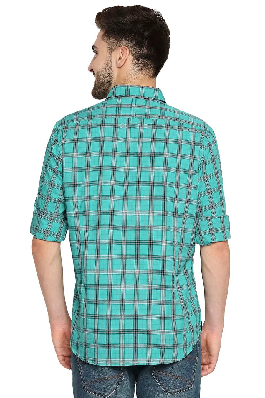 BASICS SLIM FIT TEAL GREEN TWILL CHECKS SHIRT