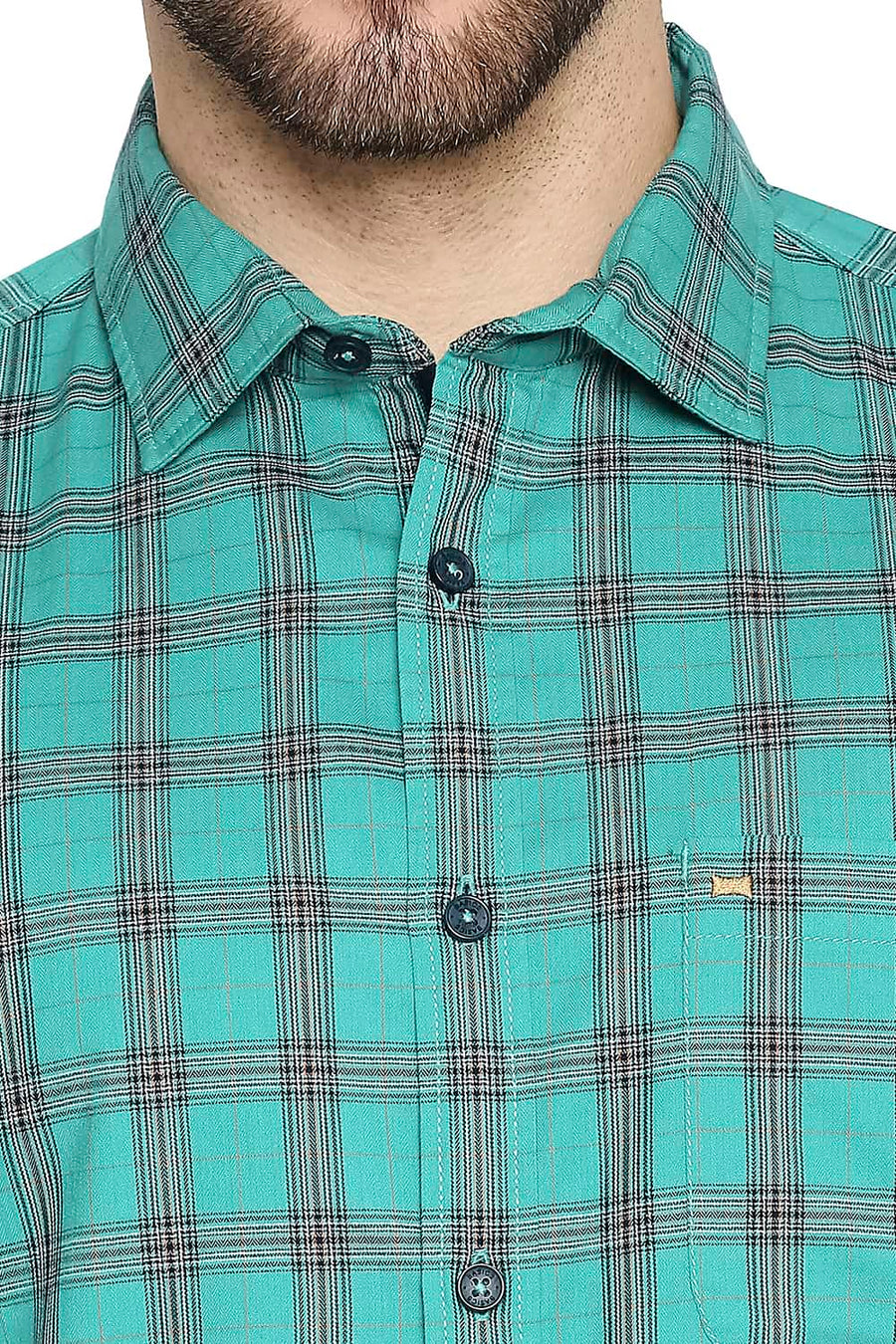 BASICS SLIM FIT TEAL GREEN TWILL CHECKS SHIRT