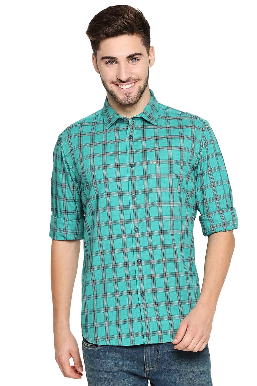 BASICS SLIM FIT TEAL GREEN TWILL CHECKS SHIRT