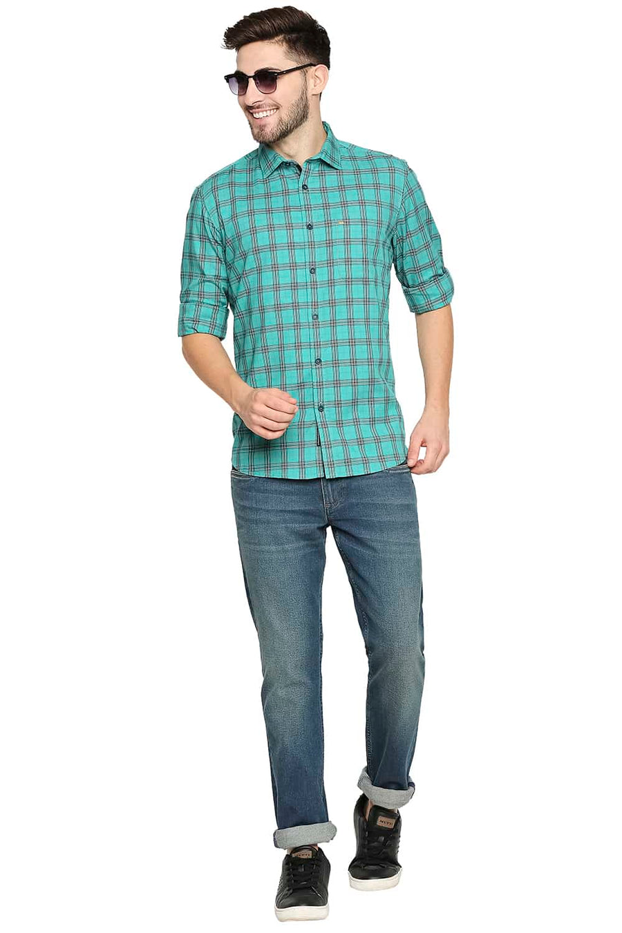 BASICS SLIM FIT TEAL GREEN TWILL CHECKS SHIRT