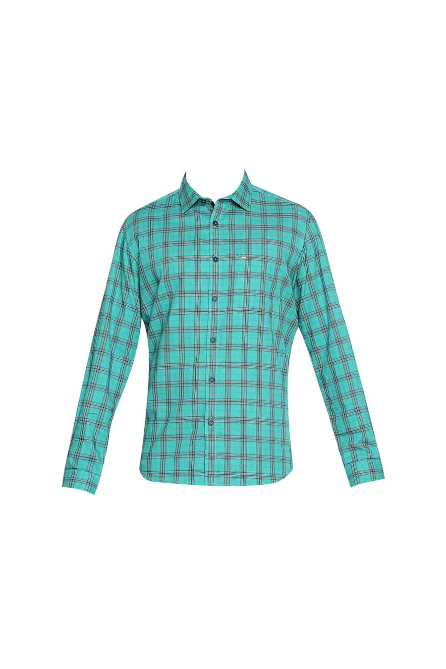 BASICS SLIM FIT TEAL GREEN TWILL CHECKS SHIRT